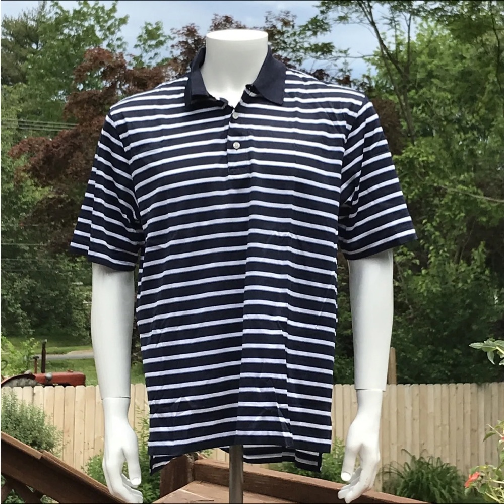 Mens Brooks Brothers Polo Shirt M Blue White Stripes Country Club Short Sleeves